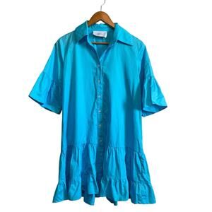 Kasia Rhea Bell Sleeves Ruffle Button Cotton Shirt Dress Medium Turquoise Blue